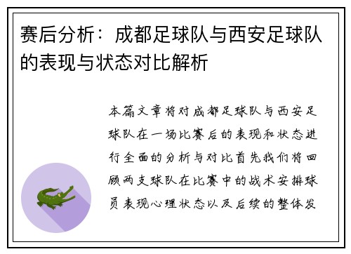 赛后分析：成都足球队与西安足球队的表现与状态对比解析