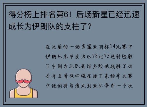 得分榜上排名第6！后场新星已经迅速成长为伊朗队的支柱了？